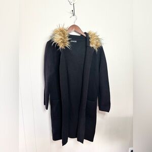 Keniston black heavy weight cardigan sweater duster jacket open size M hooded